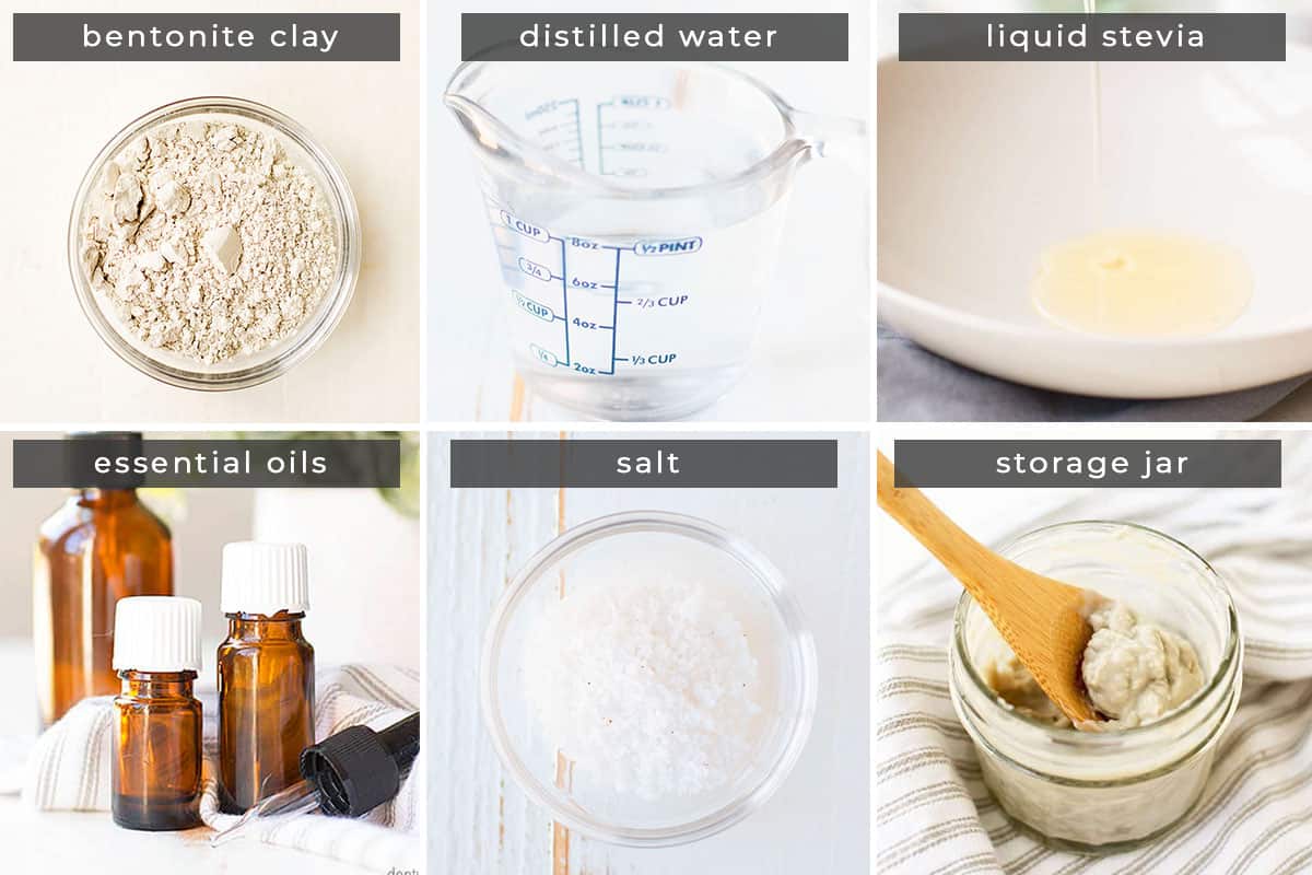 Image showing recipe ingredients bentonite clay, distilled water, liquid stevia, essential oils, salt, and a storage jar. 