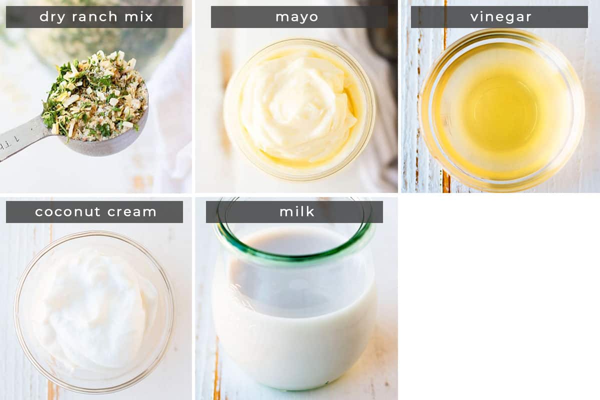 Image containing recipe ingredients dry ranch mix, mayo, vinegar, coconut cream, and milk.