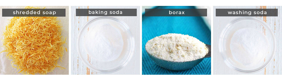 Image containing recipe ingredients, shredded soap, baking soda, borax, and washing soda.