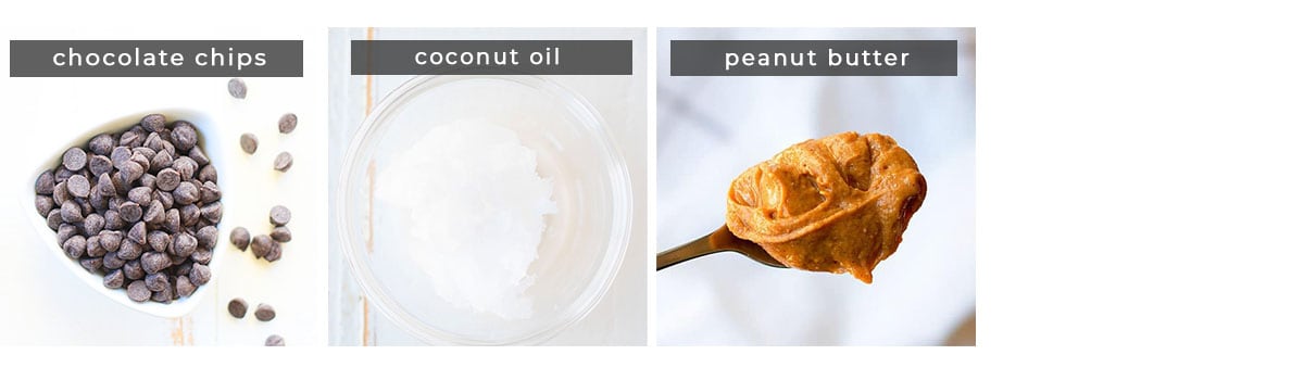 Image shows ingredients - chocolate chips, coconut oil, peanut butter