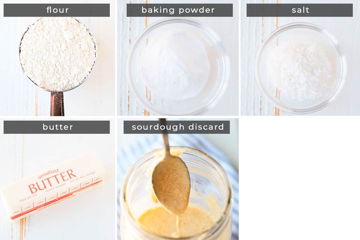 Image containing recipe ingredients, flour, baking powder, salt, butter, and sourdough discard.