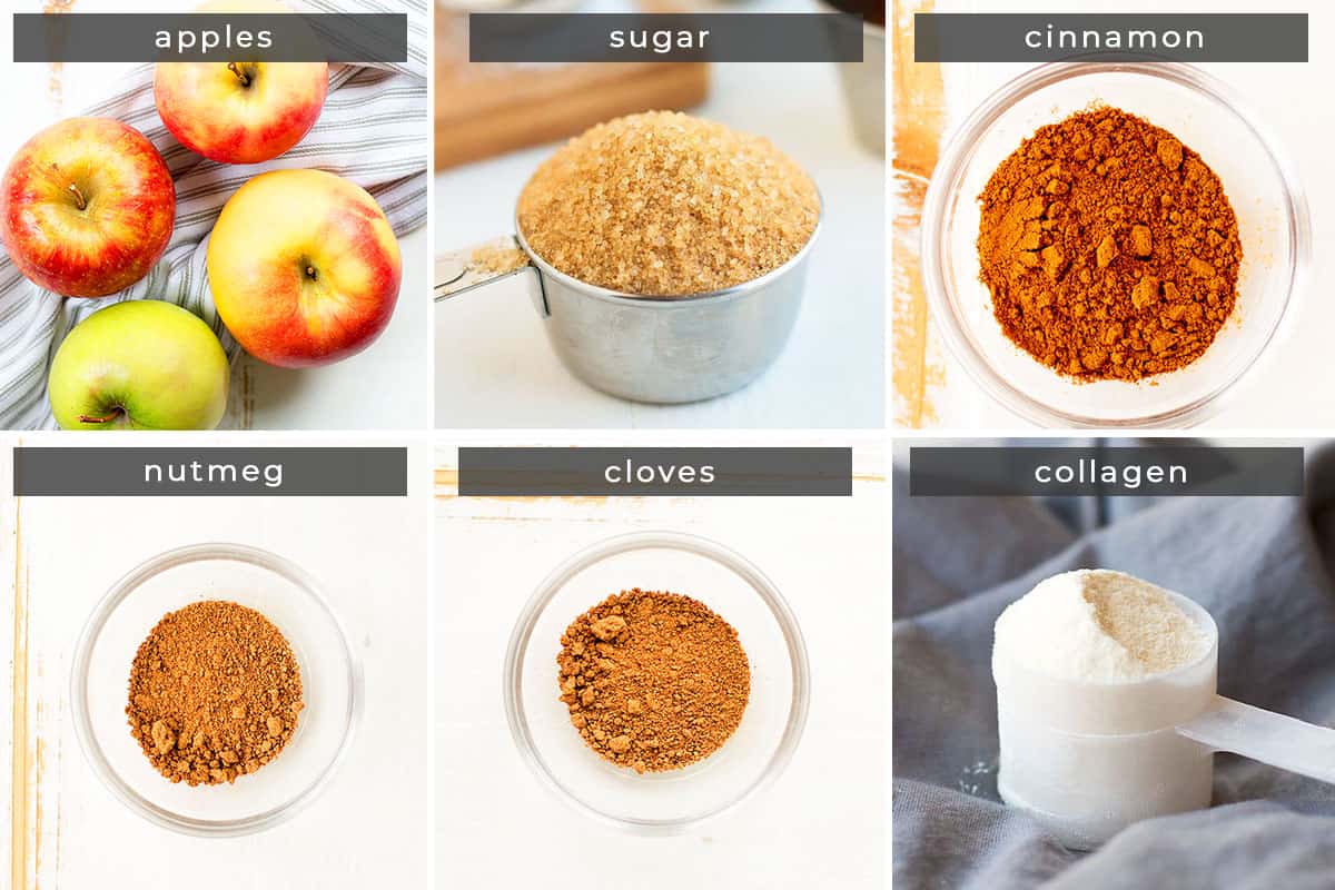 Image containing recipe ingredients: apples, sugar, cinnamon, nutmeg, cloves, and collagen.