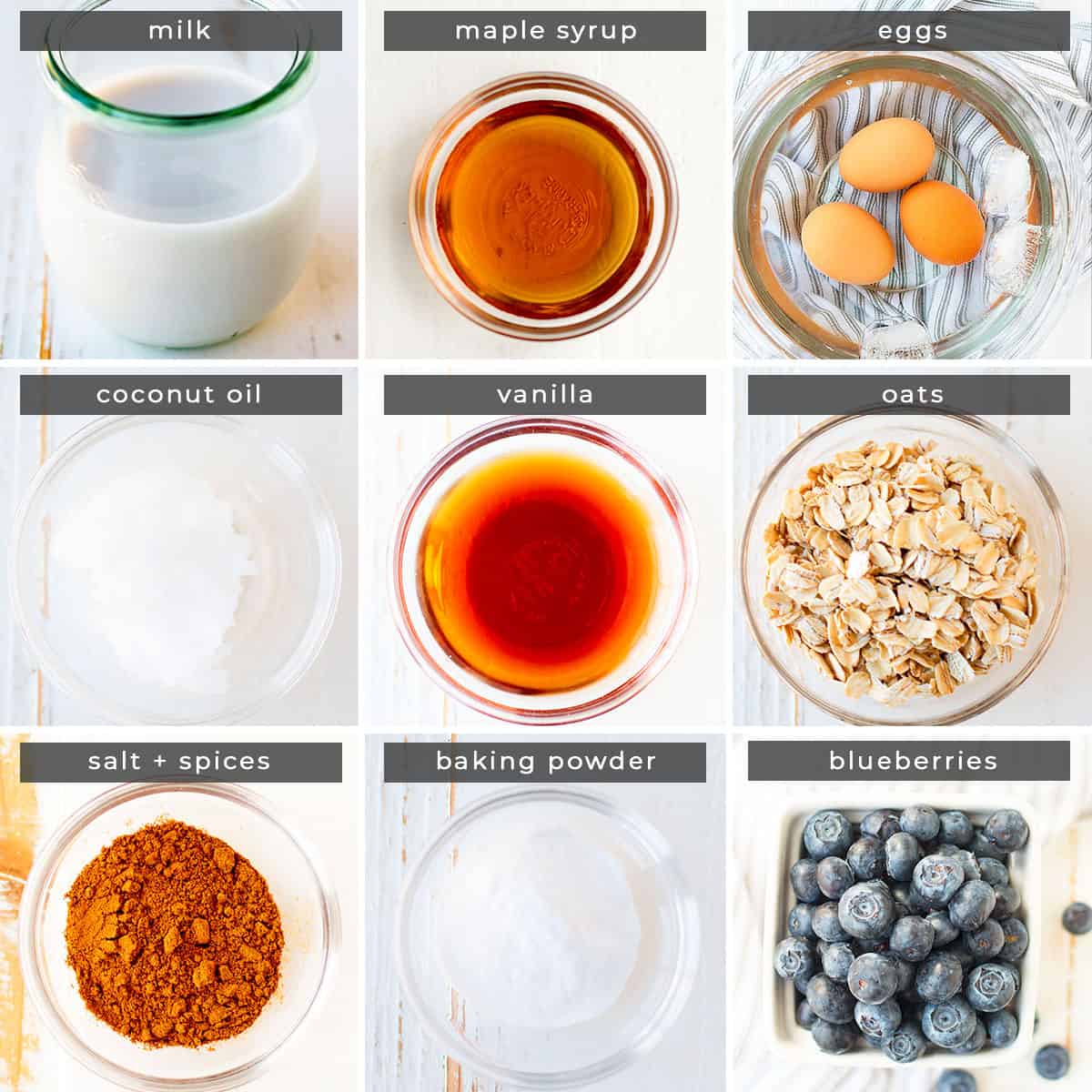 Image containing recipe ingredients: milk, maple syrup, eggs, coconut oil, vanilla, oats, salt + spices, baking powder, and blueberries.