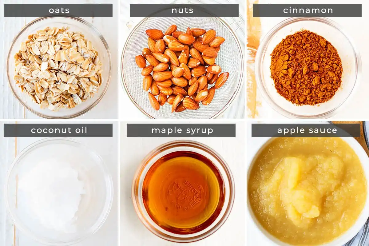 Image showing recipe ingredients: oats, nuts, cinnamon, coconut oil, maple syrup, and apple sauce. 