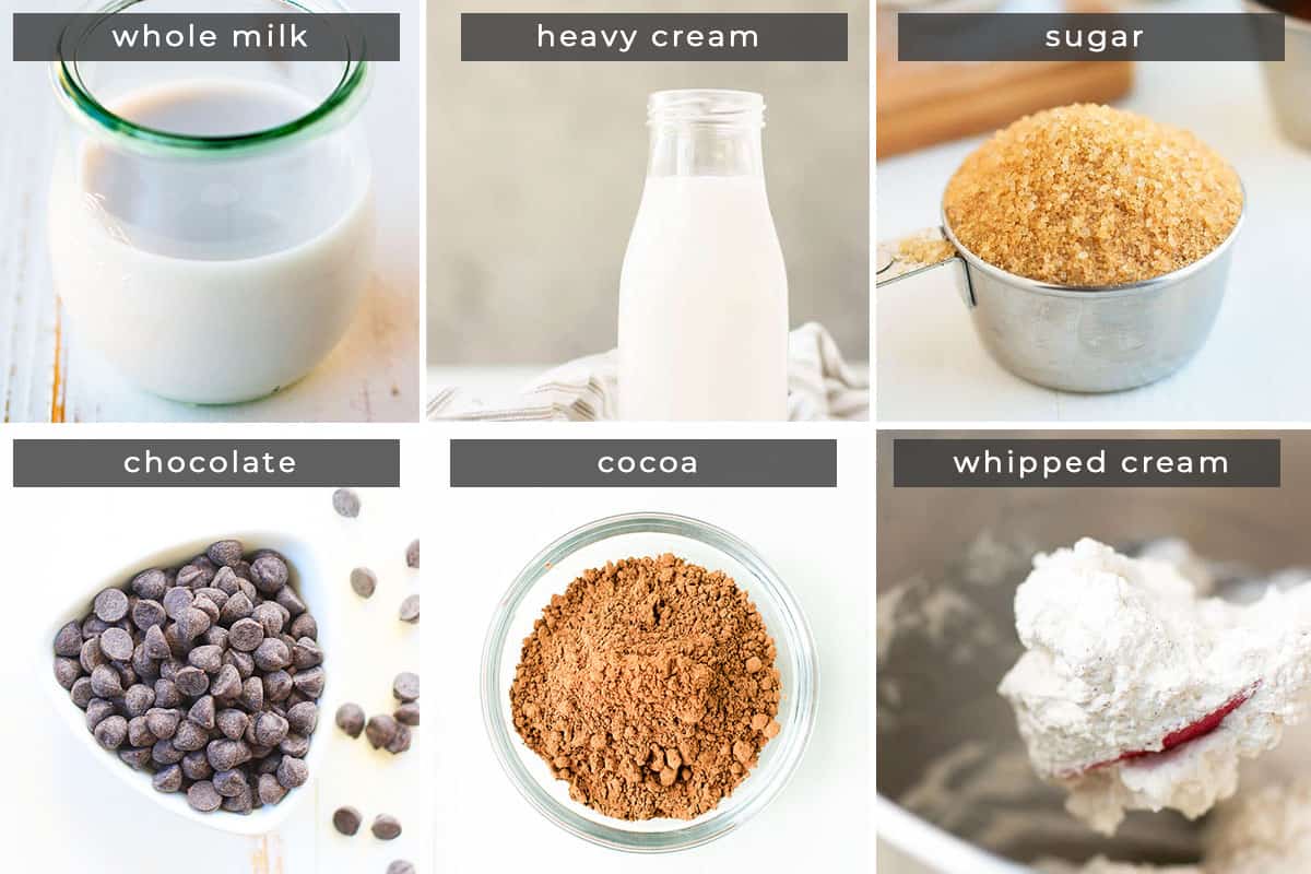 Image containing recipe ingredients: whole milk, heavy cream, sugar, chocolate, cocoa, and whipped cream.