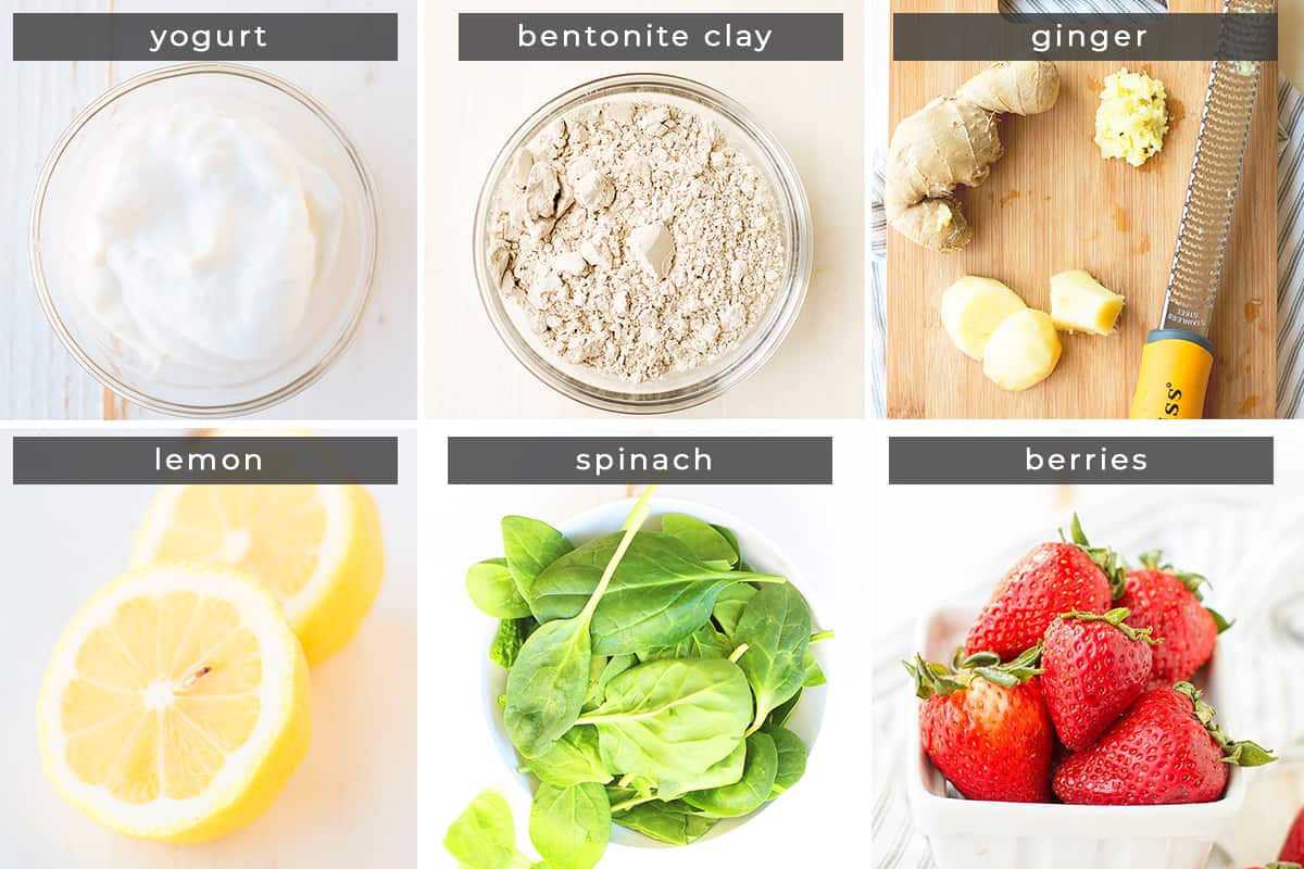 Image containing recipe ingredients: yogurt, bentonite clay, ginger, lemon, spinach, and berries.