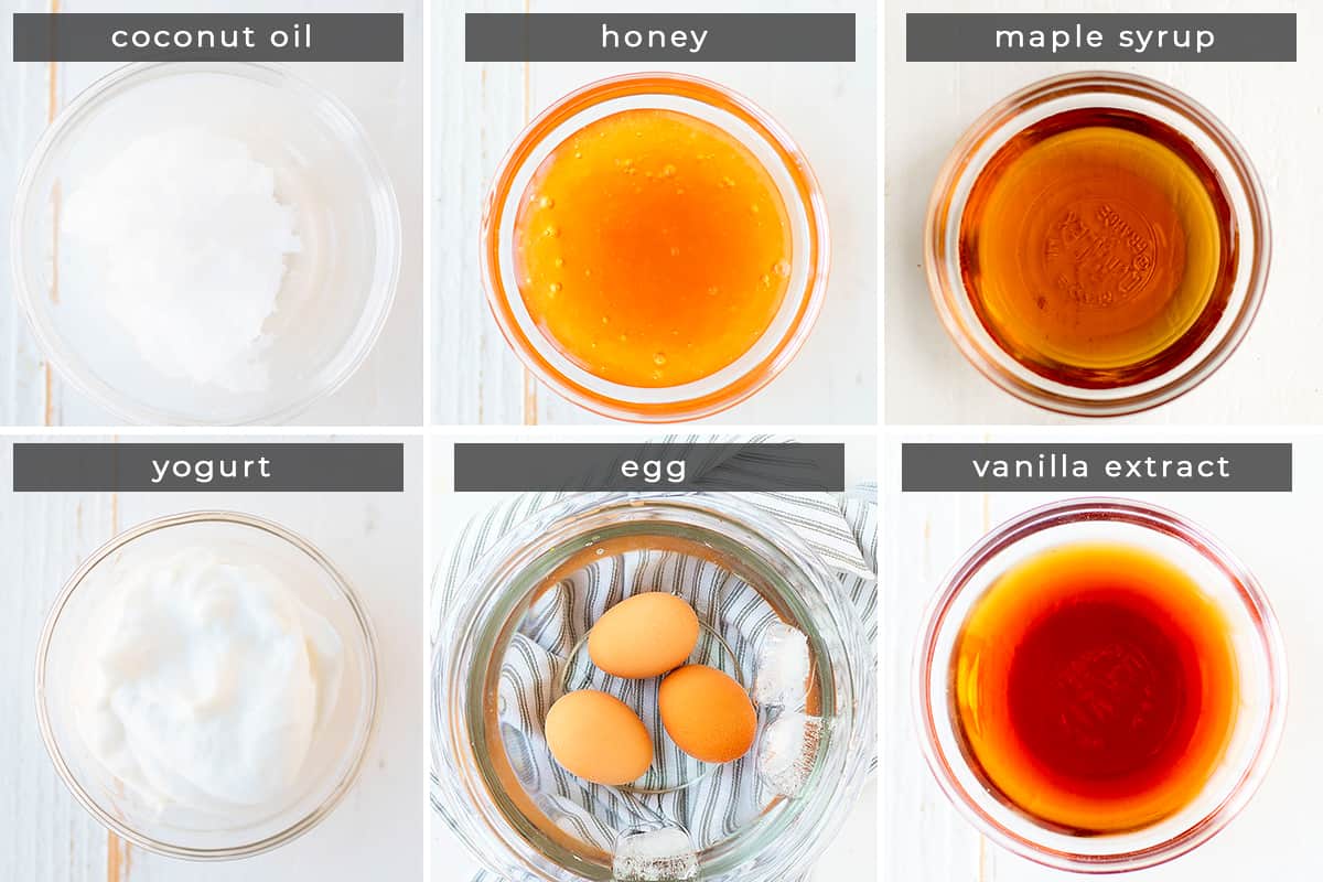 Image containing recipe ingredients: coconut oil, honey, maple syrup, yogurt, egg, and vanilla extract.