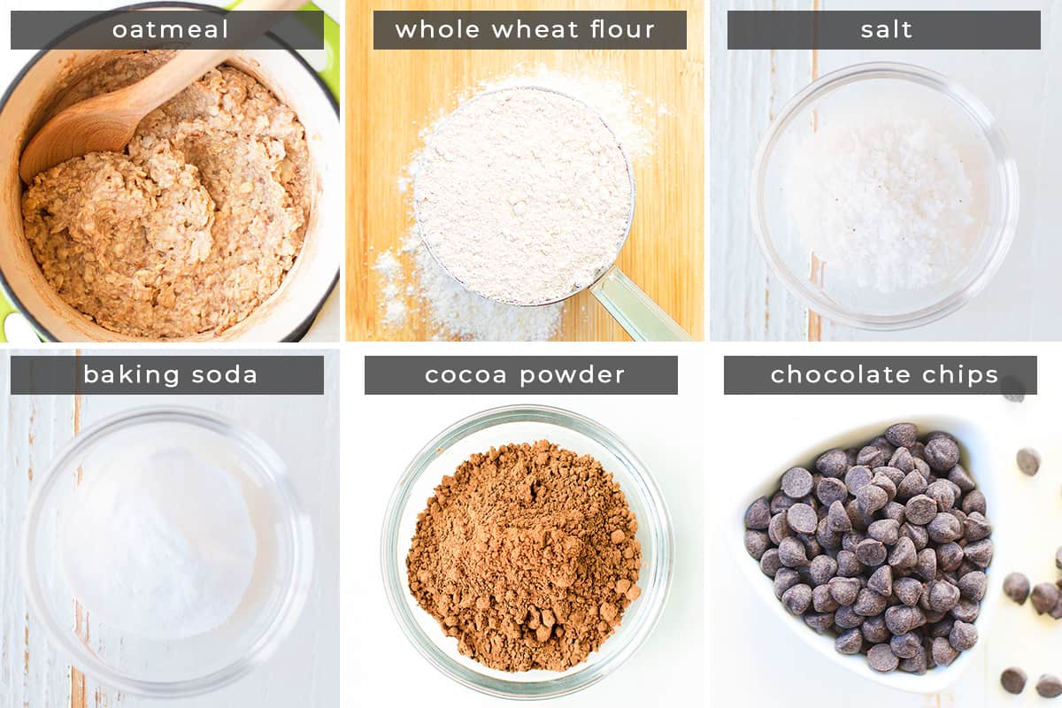 Image containing recipe ingredients oatmeal, whole wheat flour, salt, baking soda, cocoa powder, and chocolate chips.
