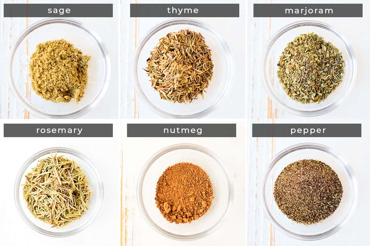 Image containing recipe ingredients: sage, thyme, marjoram, rosemary,  nutmeg, and pepper.