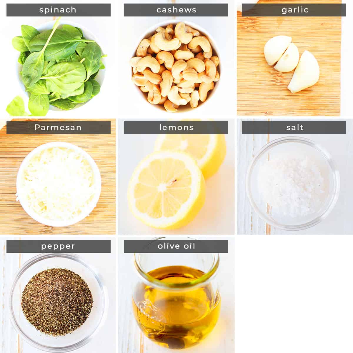 Image showing recipe ingredients: spinach, cashews, garlic, Parmesan, lemons, salt, pepper, and olive oil.