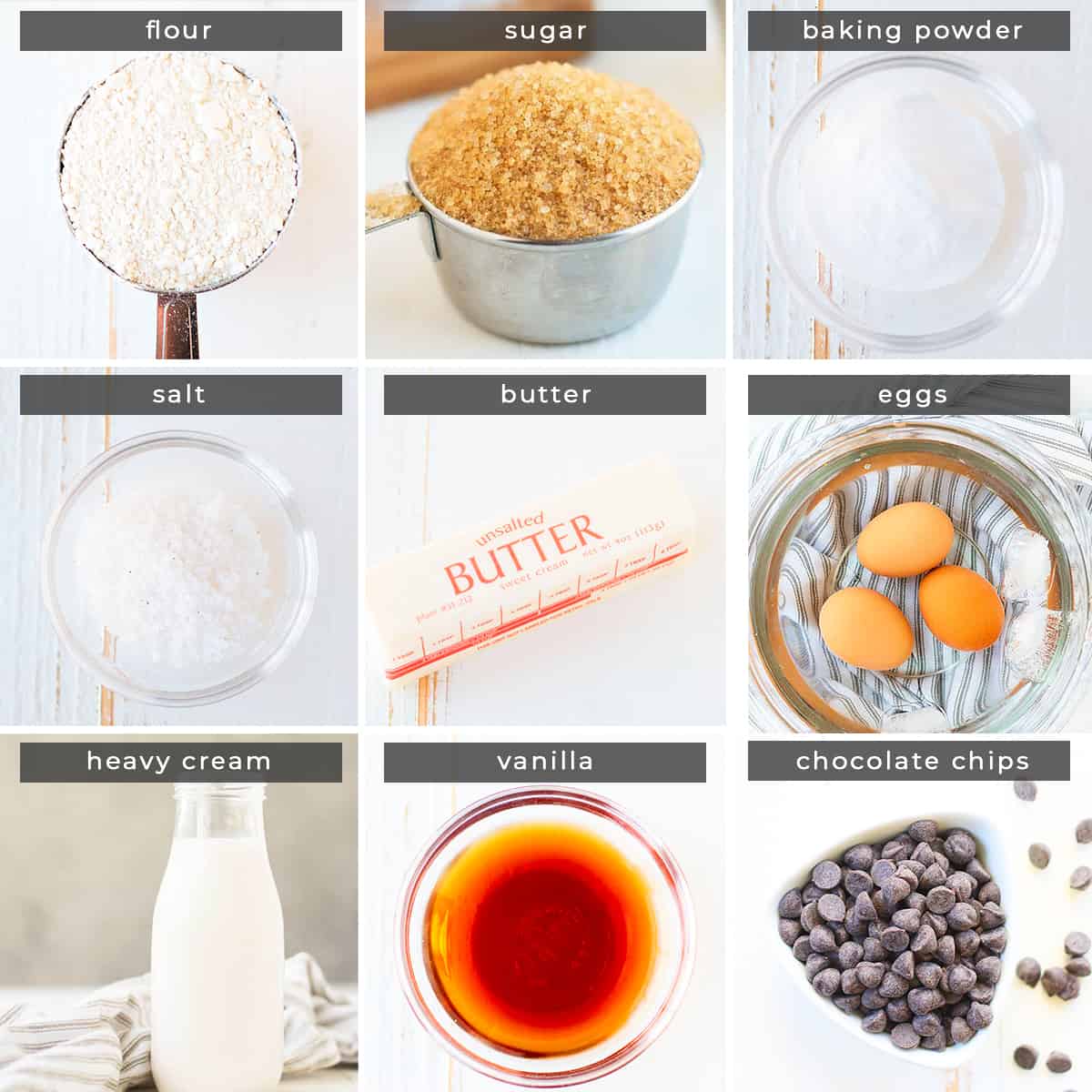 Image containing recipe ingredients flour, sugar, baking powder, salt, butter, eggs, heavy cream, vanilla, and chocolate chips.
