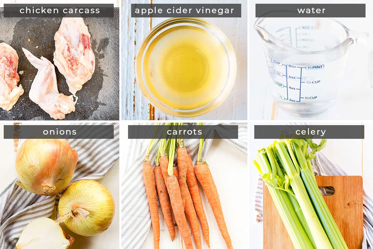Image containing recipe ingredients chicken carcass, apple cider vinegar, water, onions, carrots, and celery.