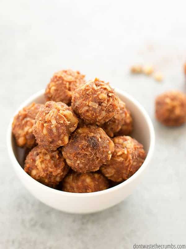 Homemade pumpkin larabar bites in a white bowl