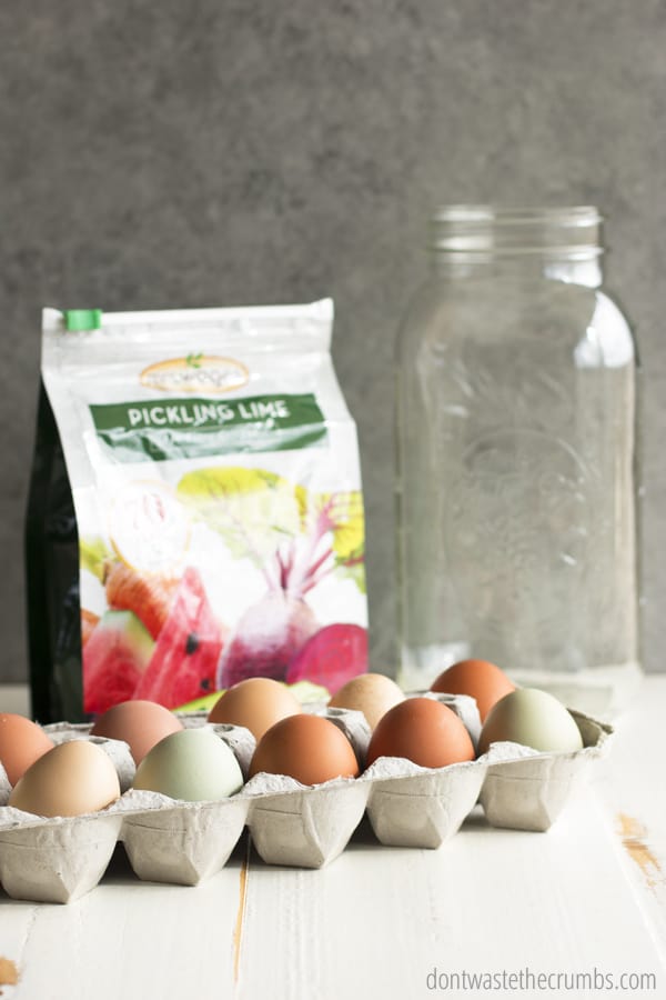 A carton of farm fresh eggs set beside a  bag of pickling lime and a half-gallon jar. Water glassing eggs. 