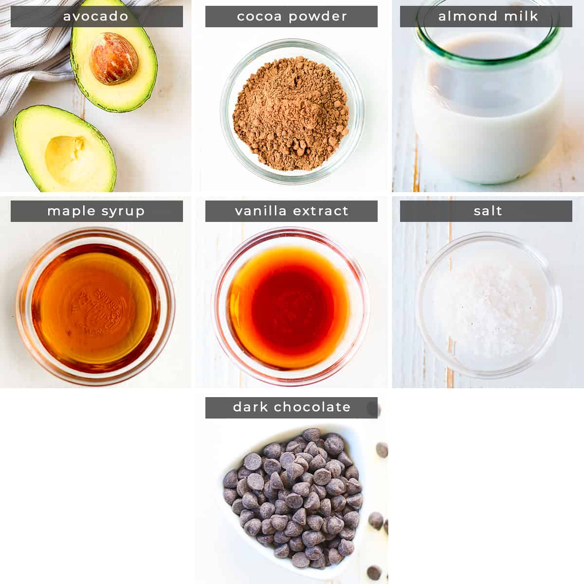 Image containing recipe ingredients: avocado, cocoa powder, almond milk, maple syrup, vanilla extract, salt, and dark chocolate.