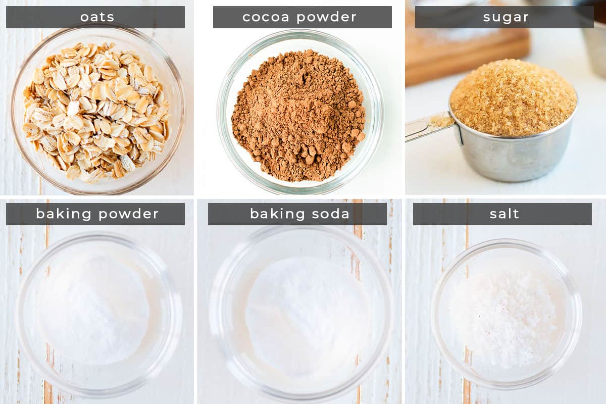 Image containing recipe ingredients: oats, cocoa powder, sugar, baking powder, baking soda, salt.