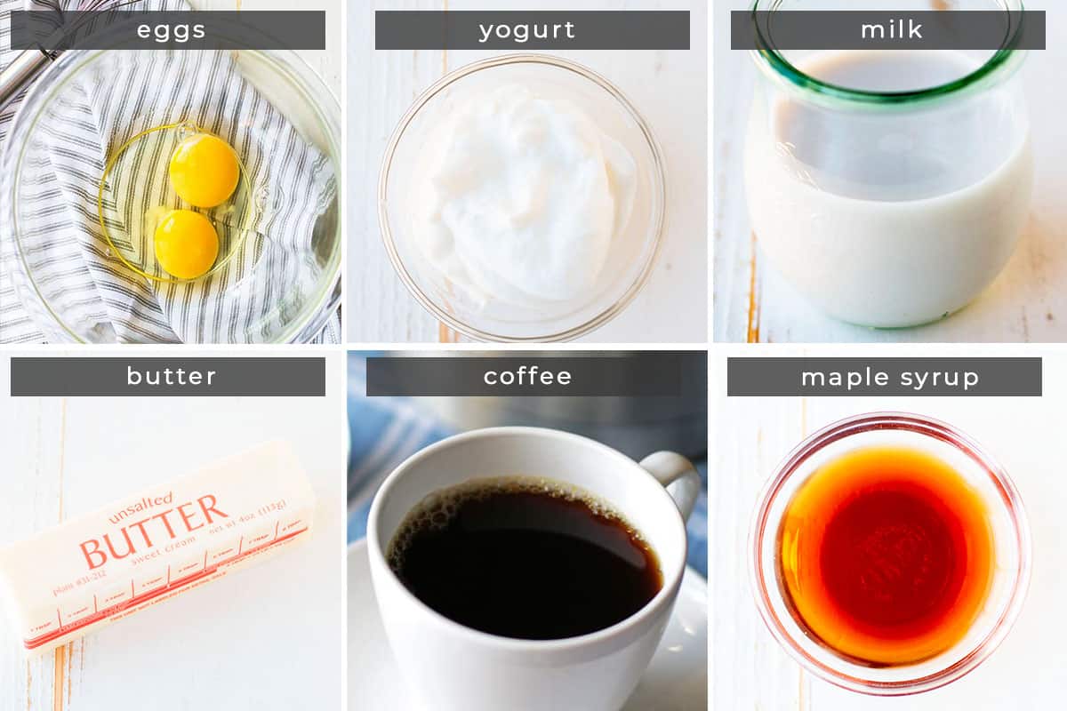 Image containing recipe ingredients: eggs, yogurt, milk, butter, coffee, and maple syrup.