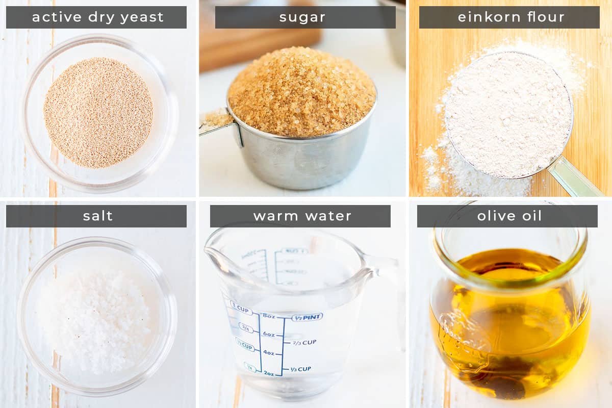 Image containing recipe ingredients active dry yeast, sugar, einkorn flour, salt, warm water, and olive oil.