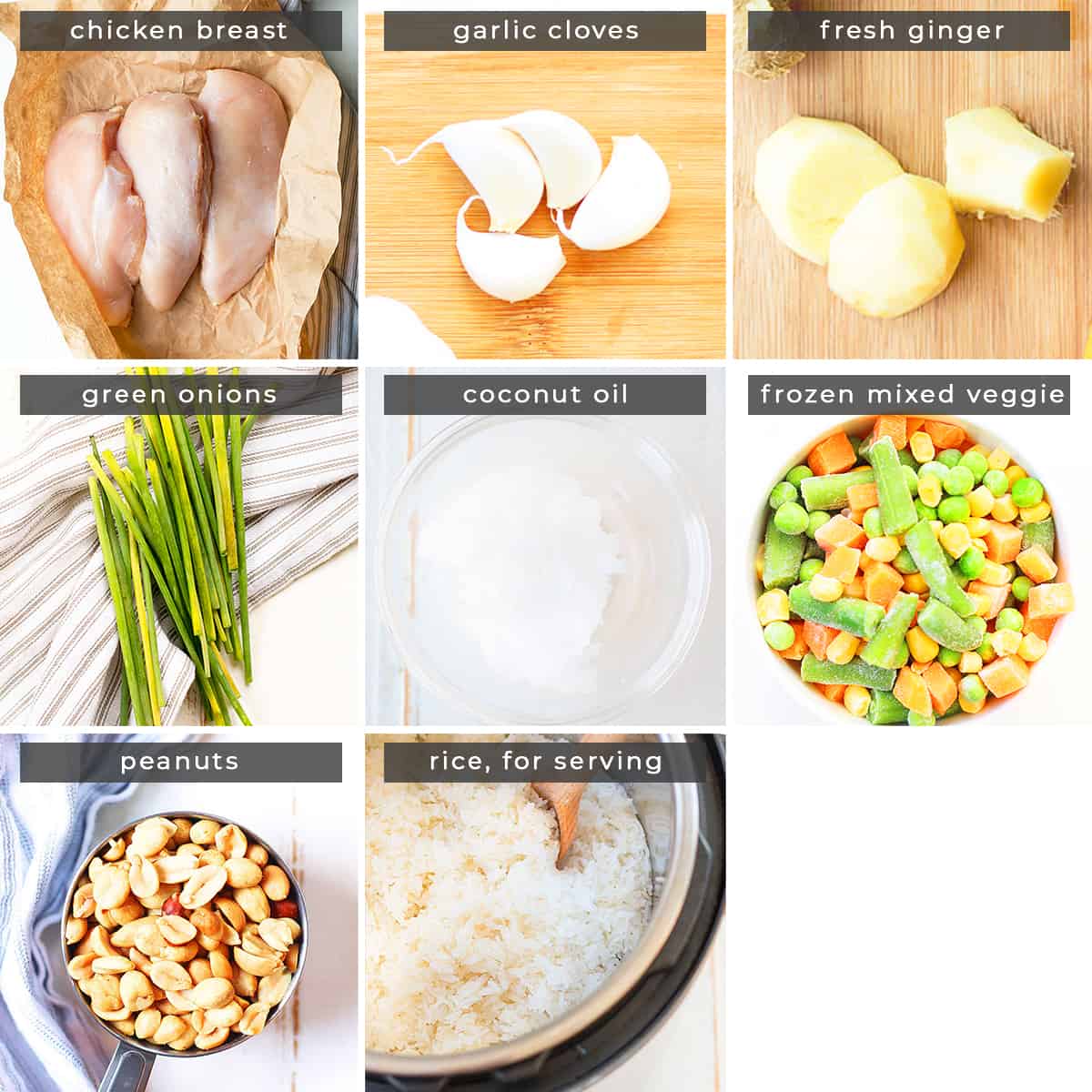 Image containing recipe ingredients: chicken breast, garlic cloves, fresh ginger, green onions, coconut oil, frozen mixed vegetables, peanuts, and rice. 