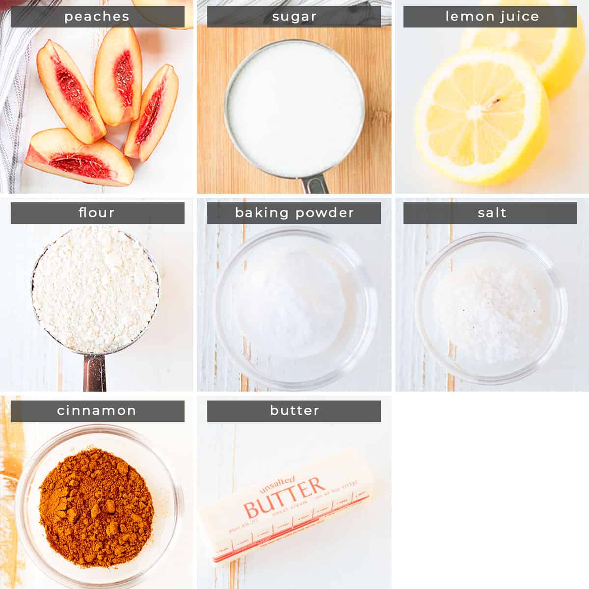 Image containing recipe ingredients peaches, sugar, lemon juice, flour, baking powder, salt, cinnamon, and butter.