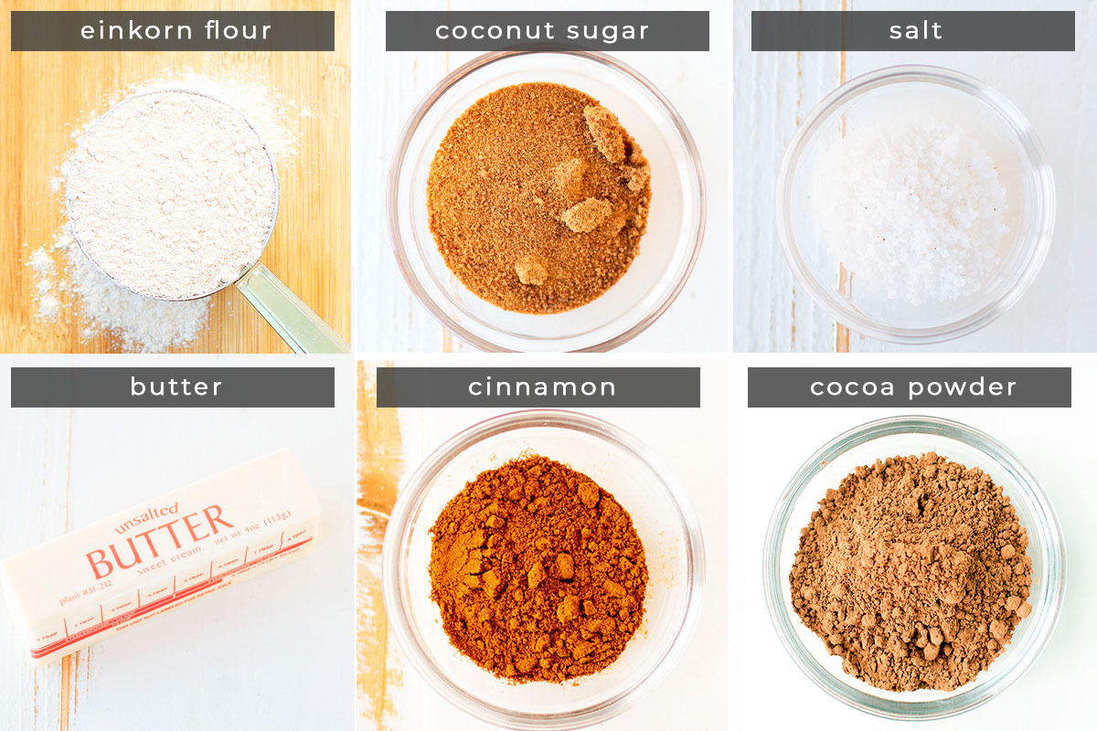 Image showing recipe ingredients  einkorn flour, coconut sugar, salt, butter, cinnamon, cocoa powder.