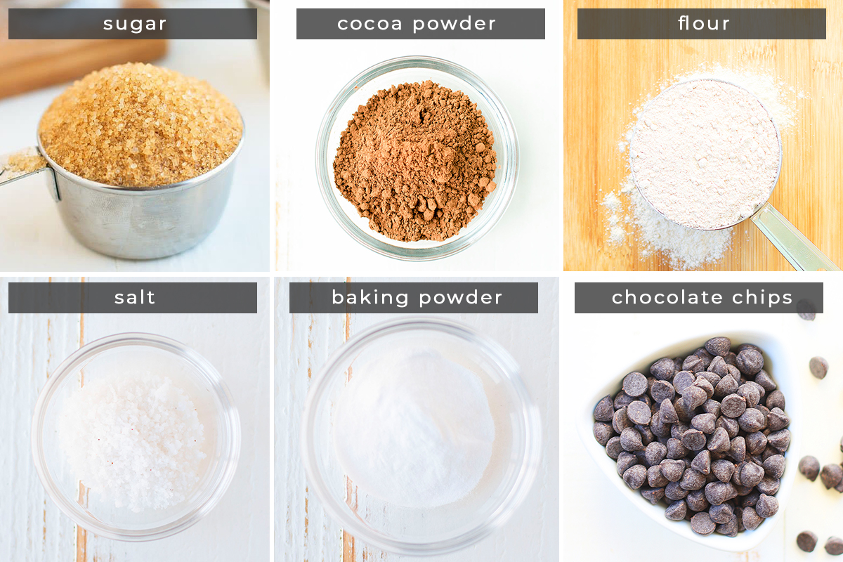 Image containing recipe ingredients sugar, cocoa powder, flour, salt, baking powder, and chocolate chips.