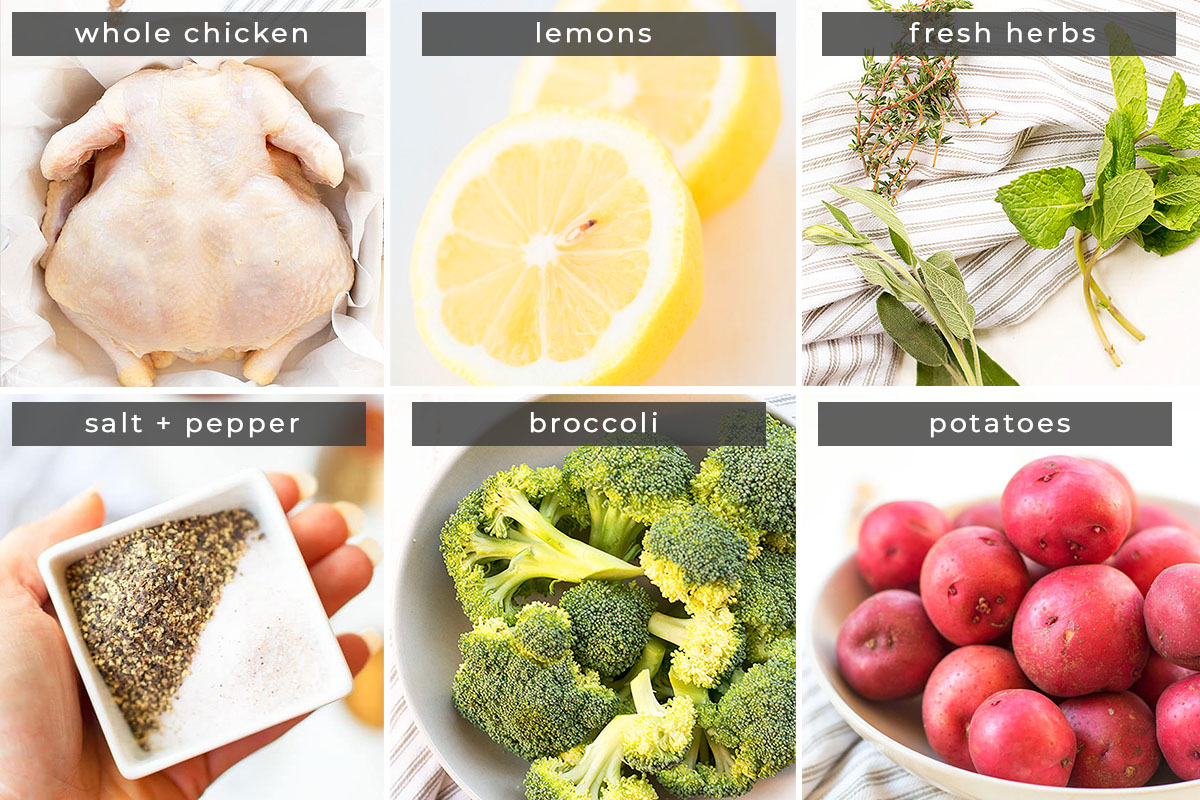 Image containing recipe ingredients whole chicken, lemons, fresh herbs, salt + pepper, broccoli, and potatoes.