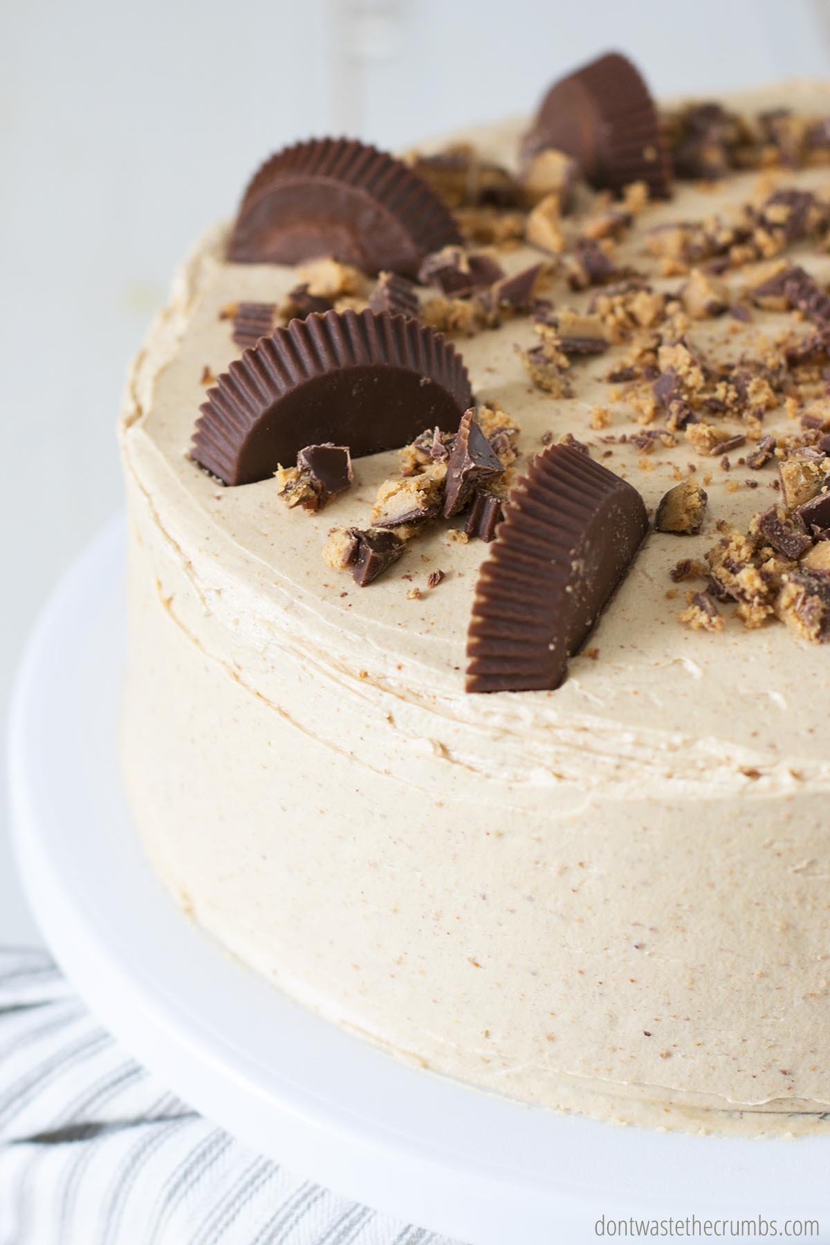A side view of a fully frosted chocolate peanut butter cake topped with chopped chocolate peanut butter cups.
