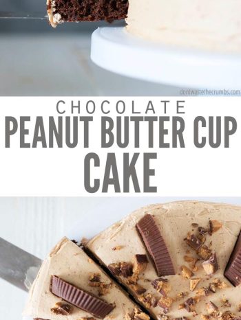 A chocolate cake with peanut butter frosting and peanut butter cups on top, shown from two angles. Text overlay reads "Chocolate Peanut Butter Cup Cake"