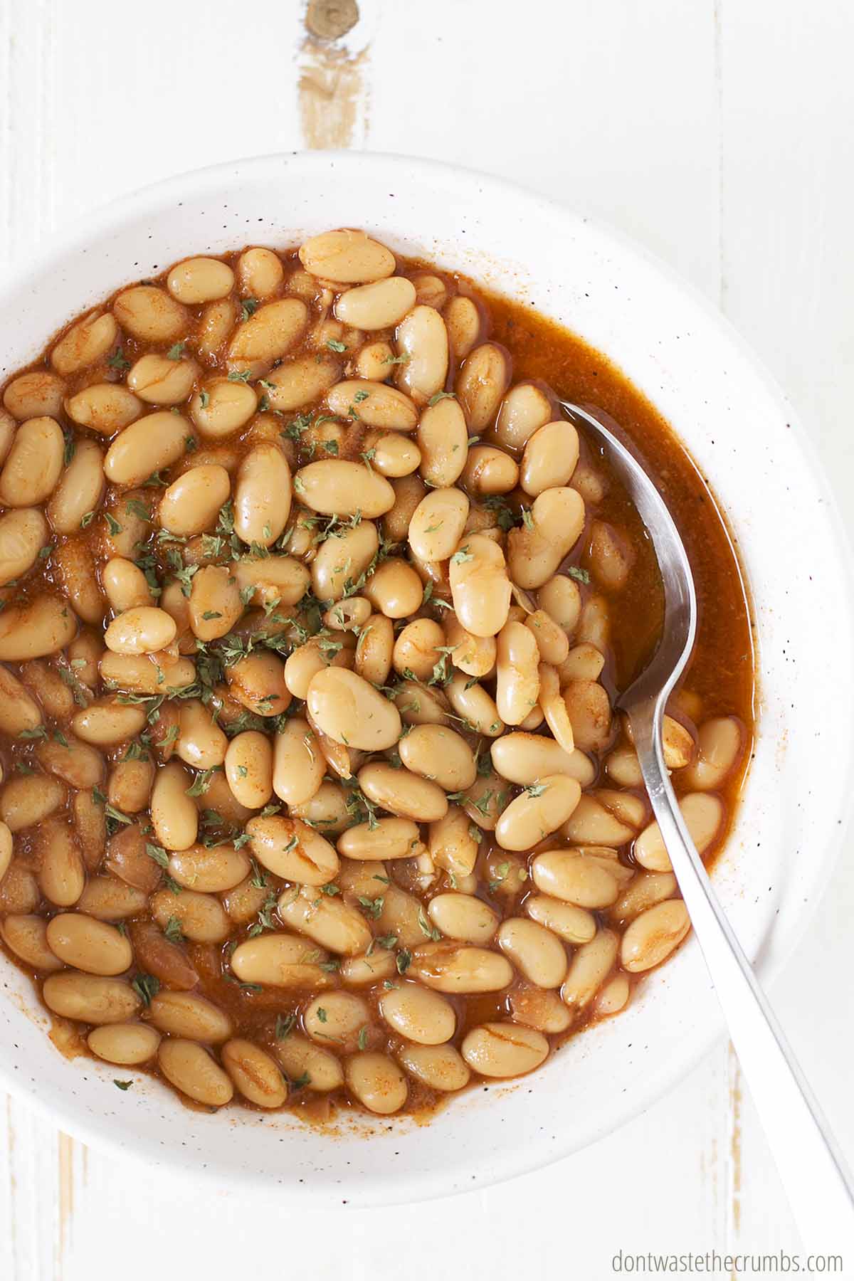 Baked beans in a white bowl and a spoon in it