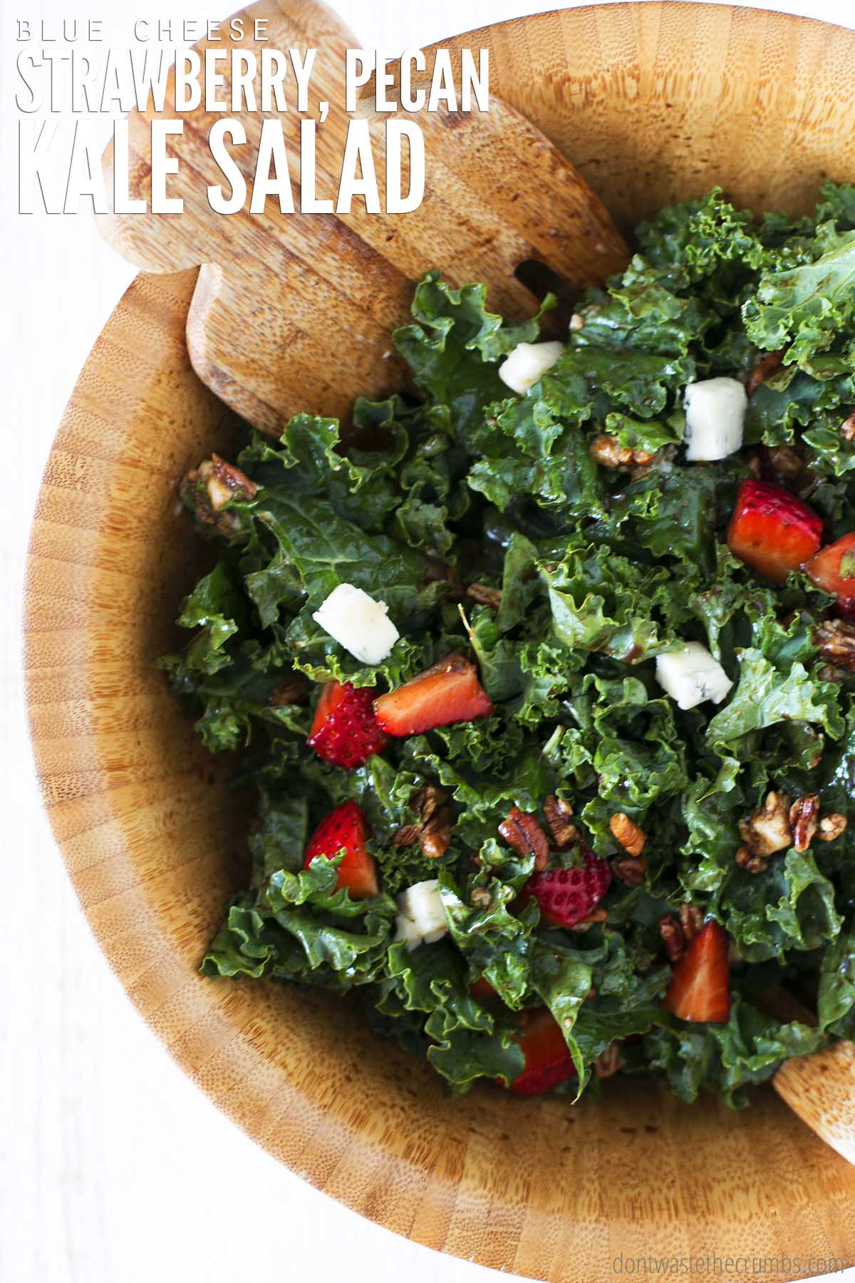 Kale salad recipe with strawberries, pecans, blue cheese.