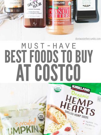 Collage of products you can buy at Costco. Top photo is looking down at vanilla extract, barbecue seasoning, a jar of peaches, organic peanut butter, and balsamic vinegar. Bottom photo shows bags of pumpkin seeds and hemp hearts. Text overlay reads "Must-Have Best Foods to Buy at Costco"