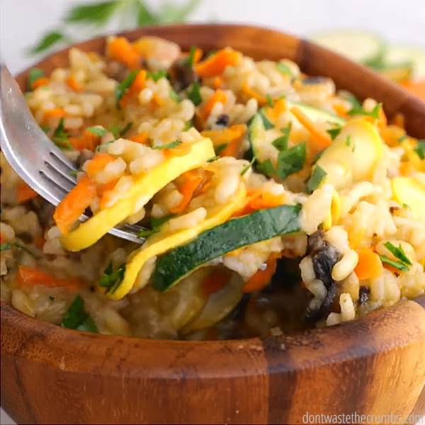 Risotto with Summer vegetables in a bowl.