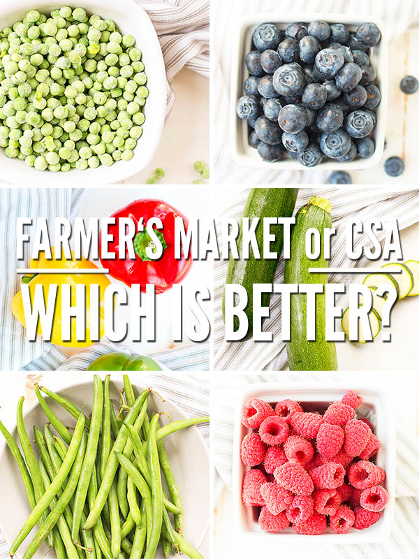 Which is better? A CSA Farmers Market comparison. Images of peas, blueberries, peppers, zucchini, green beans, raspberries.