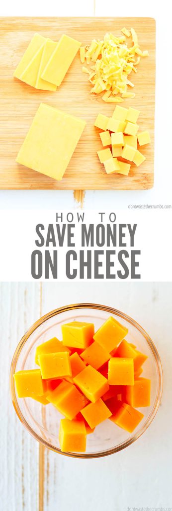 Various cuts of cheese on a wooden cutting board, a glass bowl of cheddar cheese cubes. Text overlay reads "How to Save Money on Cheese"