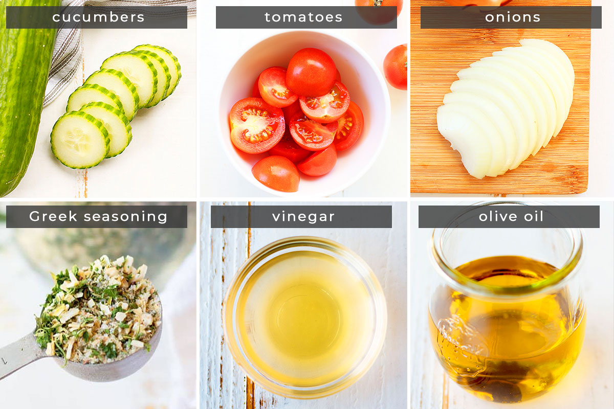 Image showing recipe ingredients cucumber, tomatoes, onions, Greek seasoning, vinegar, and olive oil.