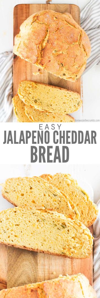 Top photo: A loaf of jalapeno cheddar bread on a wooden cutting board sitting on a dish towel, with a slice cut off. Bottom photo: two slices of bread on a wooden cutting board. Text overlay reads "Easy Jalapeno Cheddar Bread"