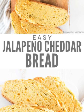 Top photo: A loaf of jalapeno cheddar bread on a wooden cutting board sitting on a dish towel, with a slice cut off. Bottom photo: two slices of bread on a wooden cutting board. Text overlay reads "Easy Jalapeno Cheddar Bread"