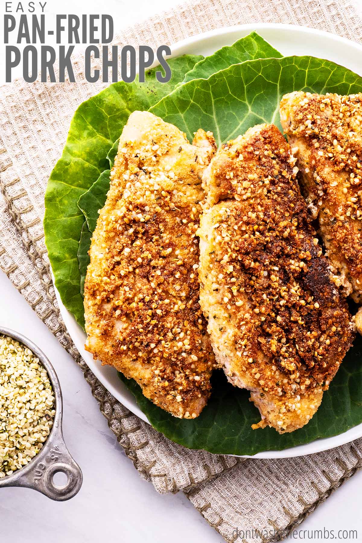 A delicious alternative to traditional breadcrumbs, these hemp and herb crusted pork chops are pan-fried in coconut oil and are so delicious!