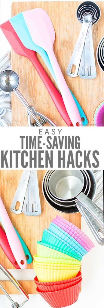 A wooden cutting board with a variety of kitchen tools on it, including a cookie scoop, silicone spatulas, measuring spoons, and measuring cups. Text overlay reads "Easy Time-Saving Kitchen Hacks"