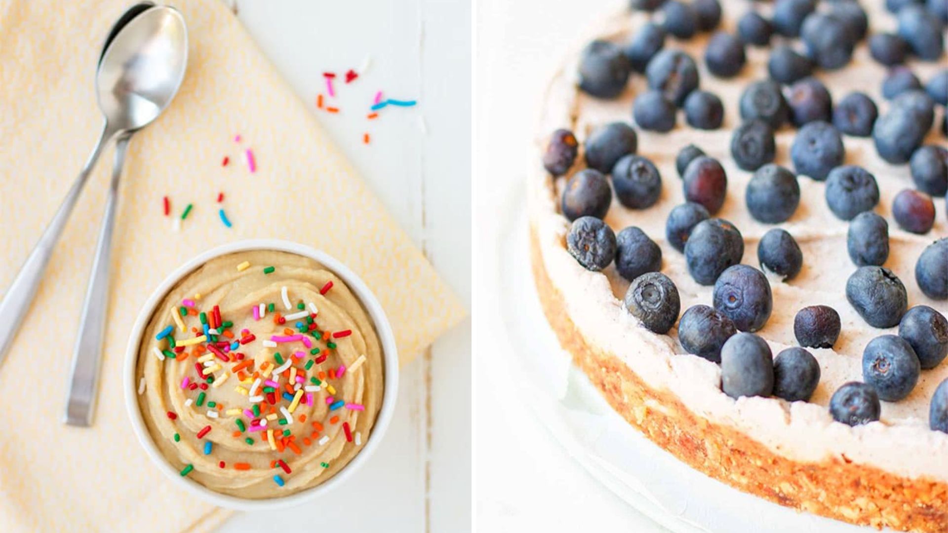 Two images side by side: Cake batter hummus and coconut blueberry pie.