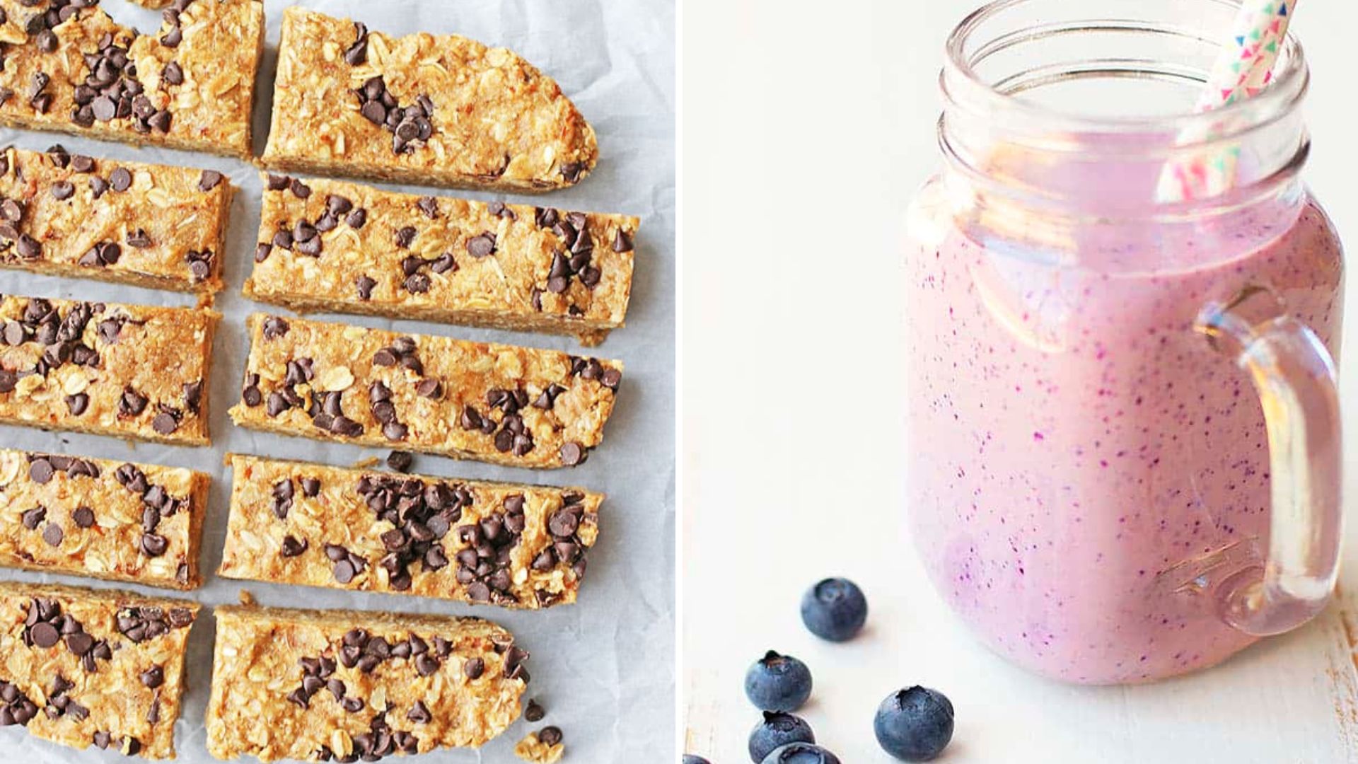 Two images side by side: Peanut butter chocolate chip granola bars and blueberry cheesecake smoothie.