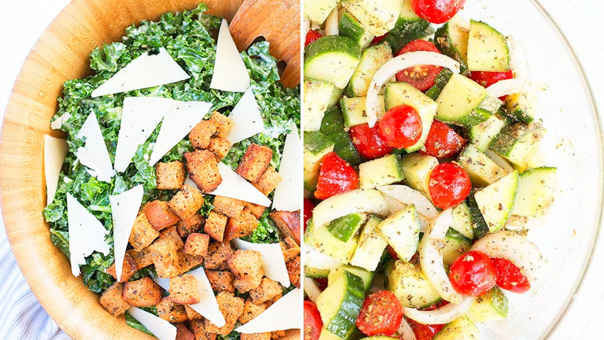 Two no cook meals images side by side: Kale Caesar salad and vegetable Greek salad.