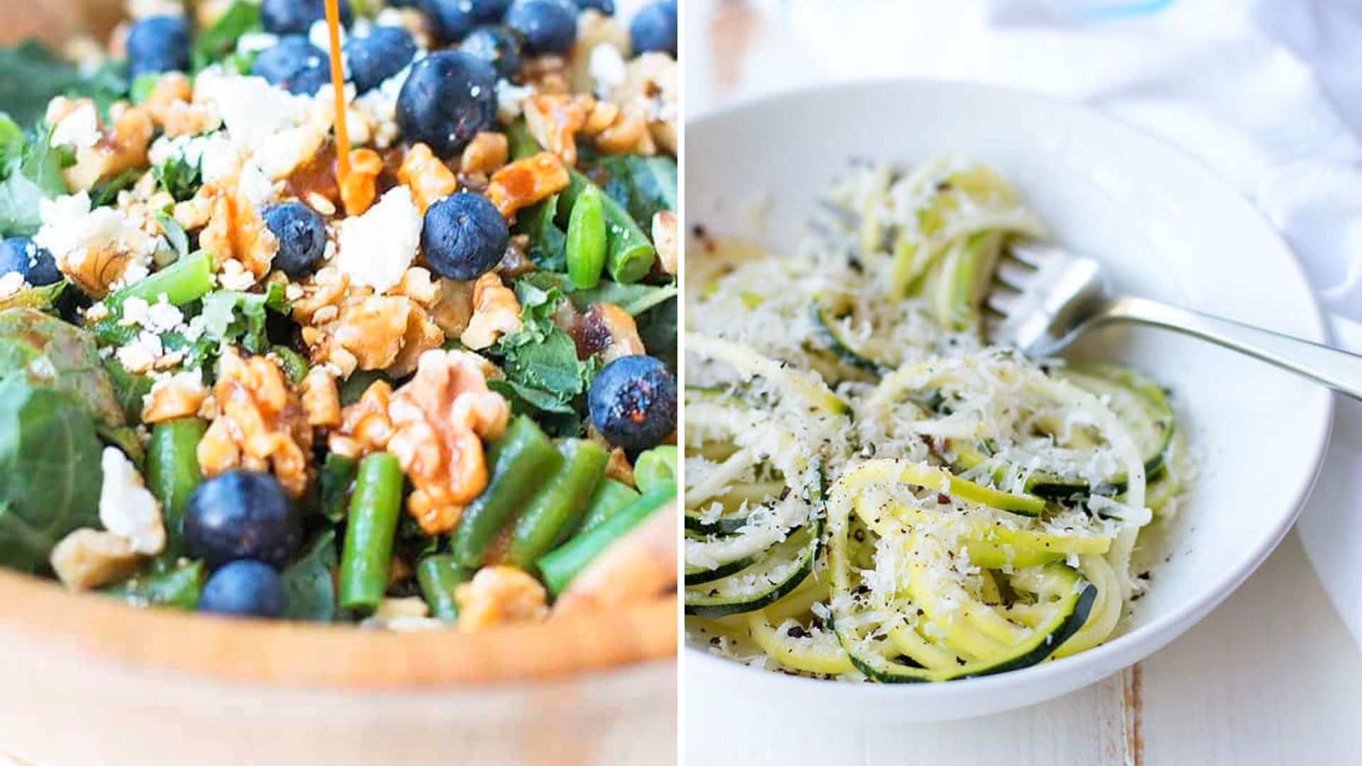 Two images side by side: Kale salad with blueberries, walnuts, and feta and zoodles.