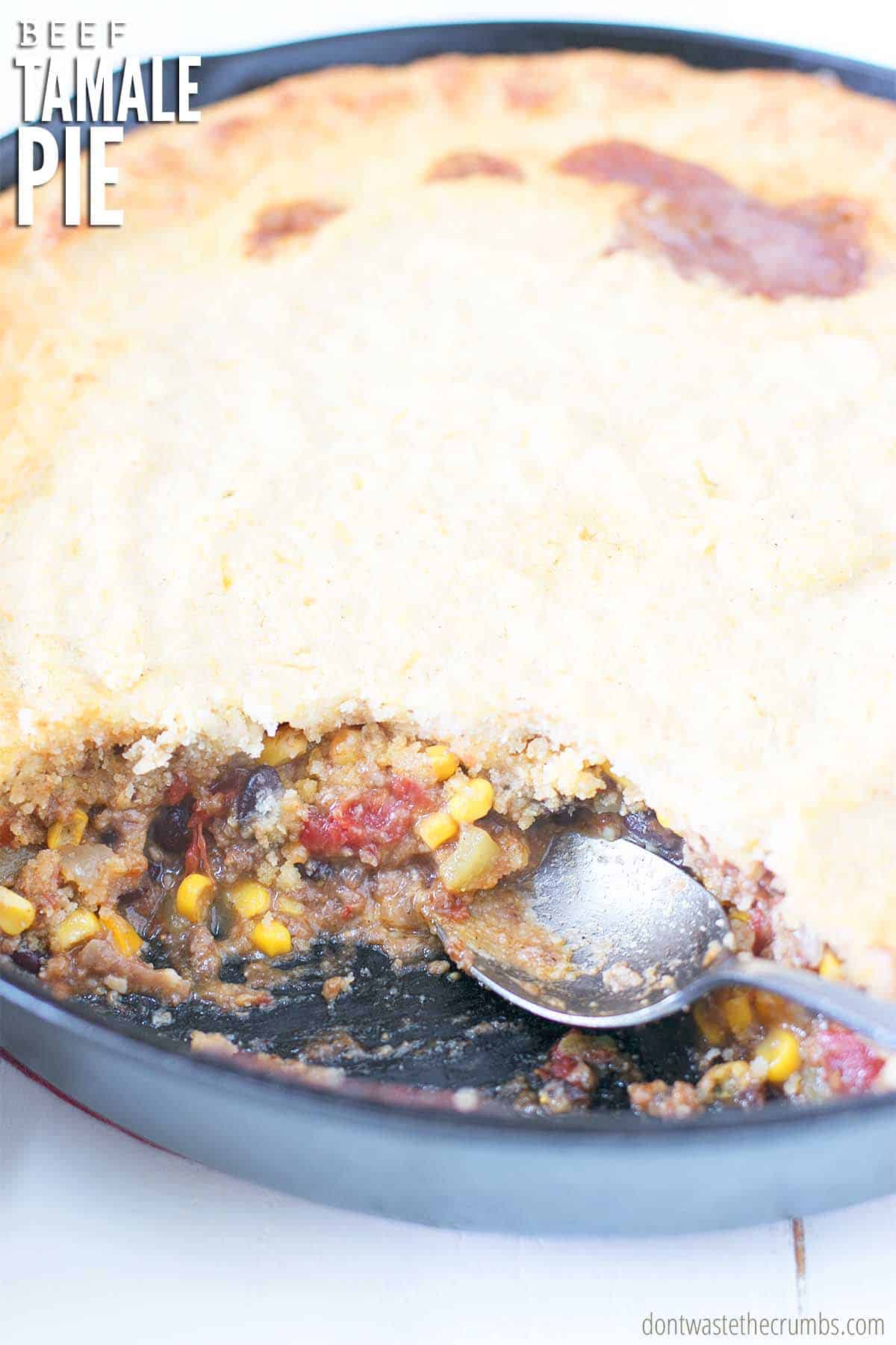 Mexican Tamale Pie is a one-pot meal made with either ground beef or chicken, pantry staple ingredients, and a tamale-inspired topping.