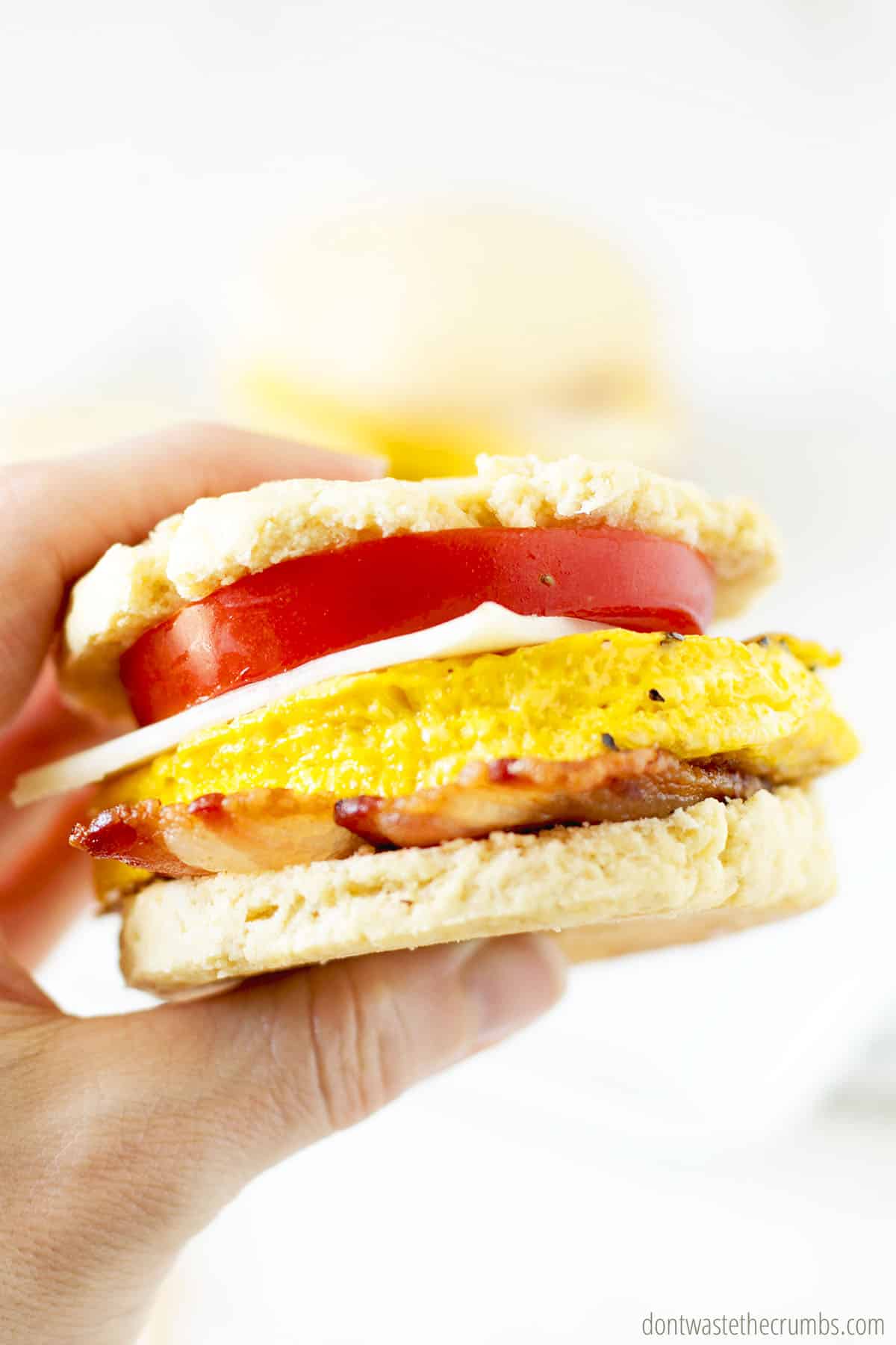 Close up view of a hand holding a breakfast sandwich.