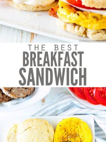 Hands down the tastiest and easiest breakfast sandwich you’ll ever make. Freshly cooked eggs, warm bacon (or sausage), gooey cheese, and buttery toasted English Muffin (or bagel or croissant) come together for the most indulgent breakfast sandwich you’ll ever make.