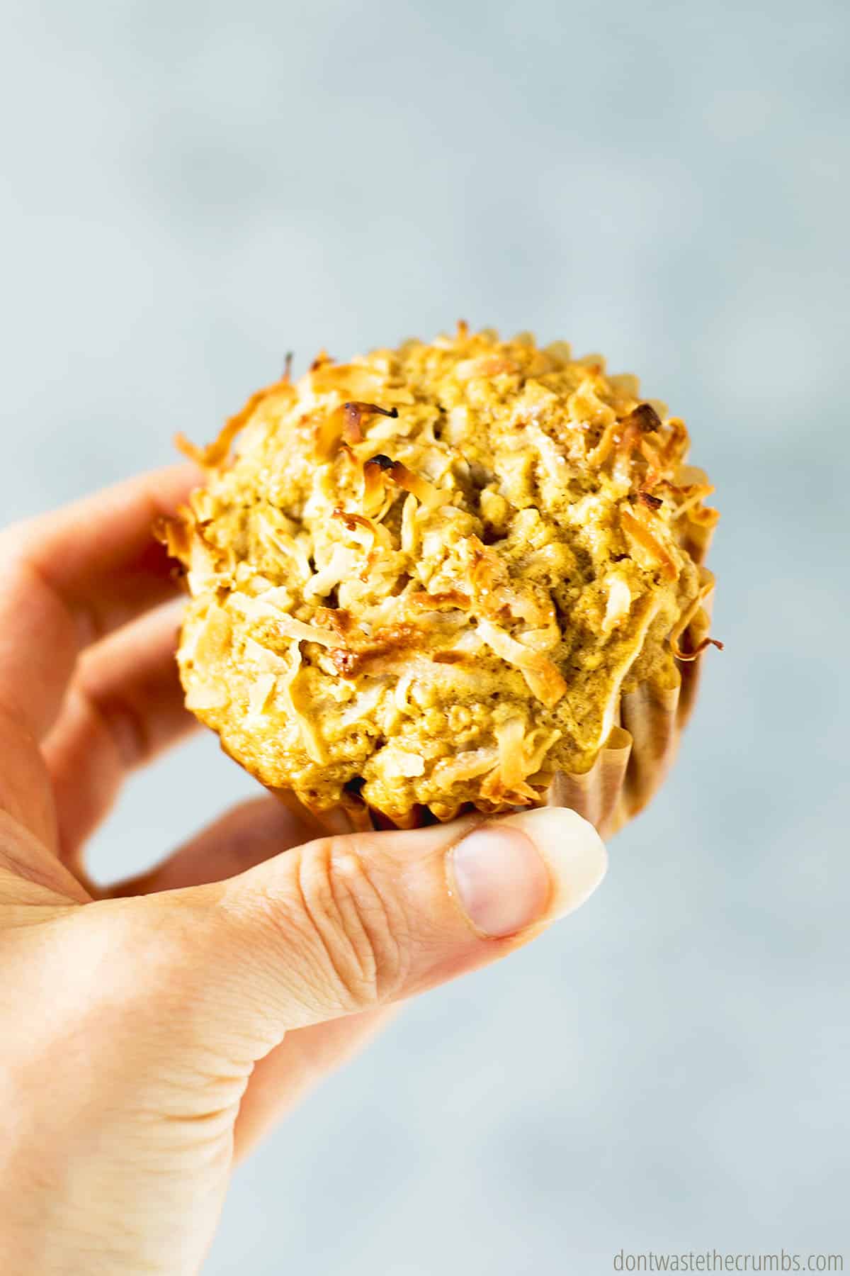 Hand holding buttermilk oatmeal muffins baked with shredded coconut