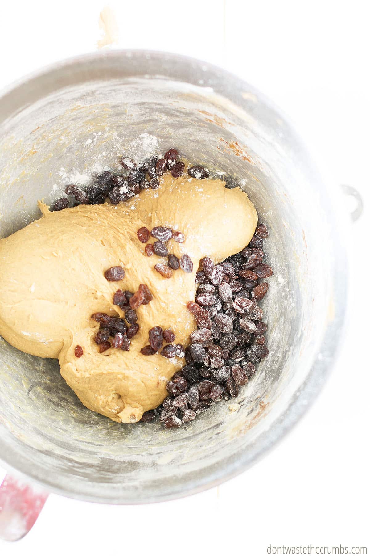 Dough and raisins in a mixing bowl
