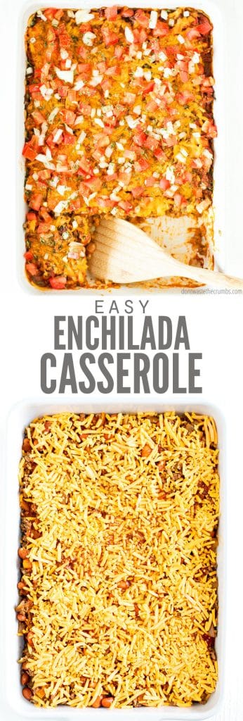 Beef Enchilada Casserole comes together in about 15 minutes and is much easier than traditional enchiladas. Ingredients are layered together, topped with cheese, and baked to warm bubbly perfection!